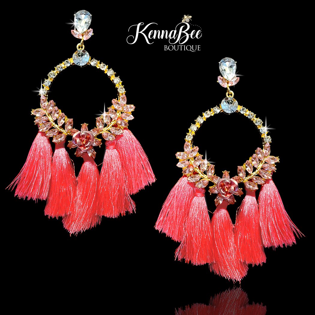 Large Pink Rhinestone Fringe Earrings