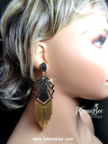 Jet Geo Earrings with Gold Fringe