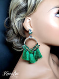 Large Green Rhinestone Fringe Earrings