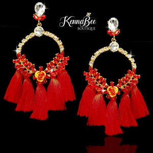 Large Red Rhinestone Fringe Earrings